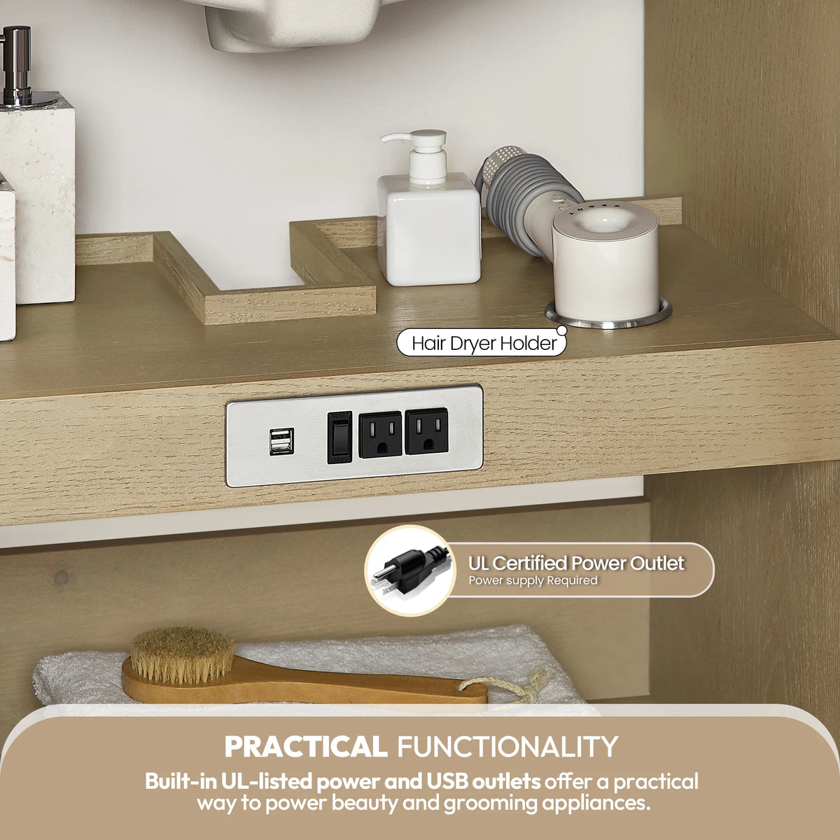 Callout for the hair dryer holder and UL-certified power outlet built into the vanity