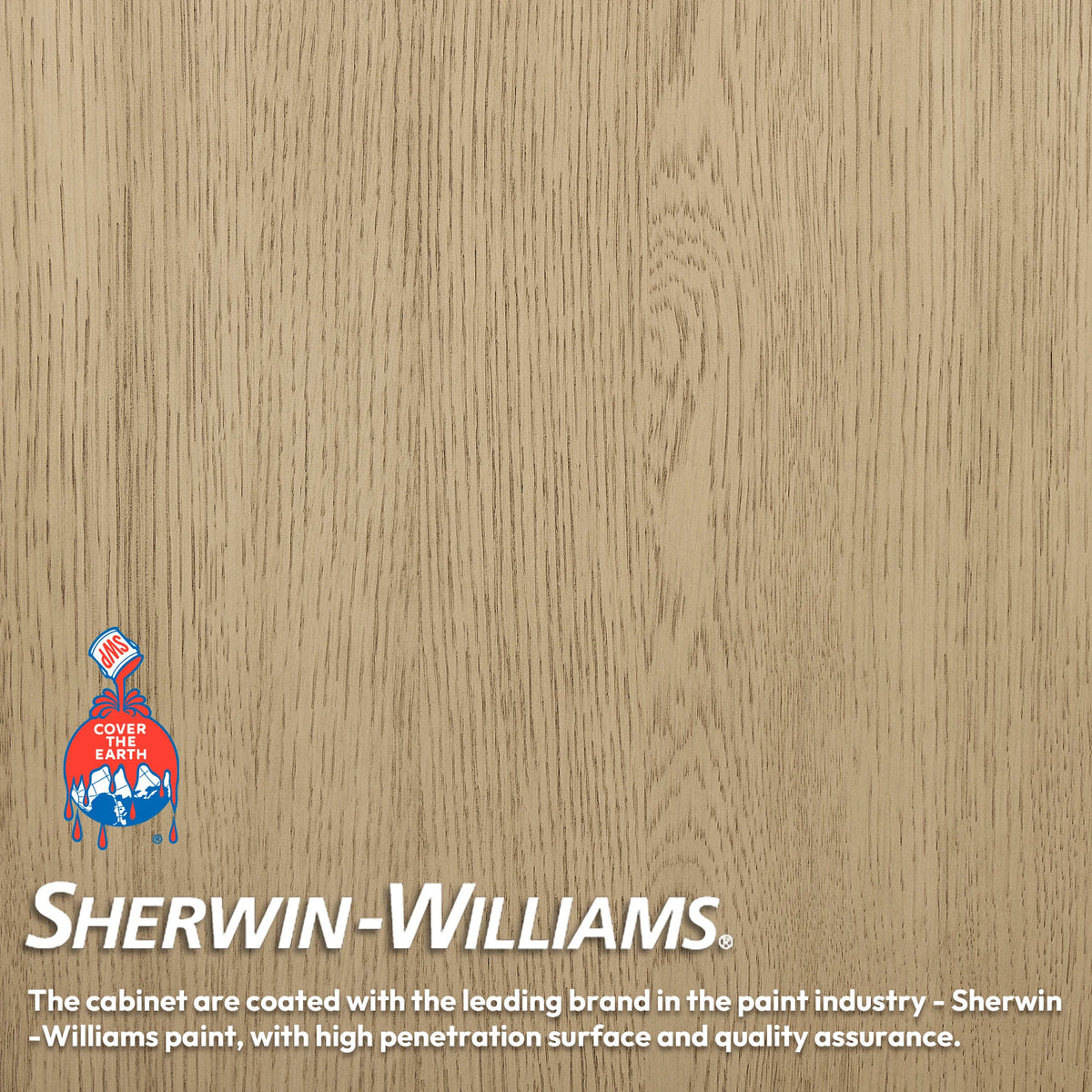 Callout about the painted finish on the Aged Natural Oak solid wood cabinet