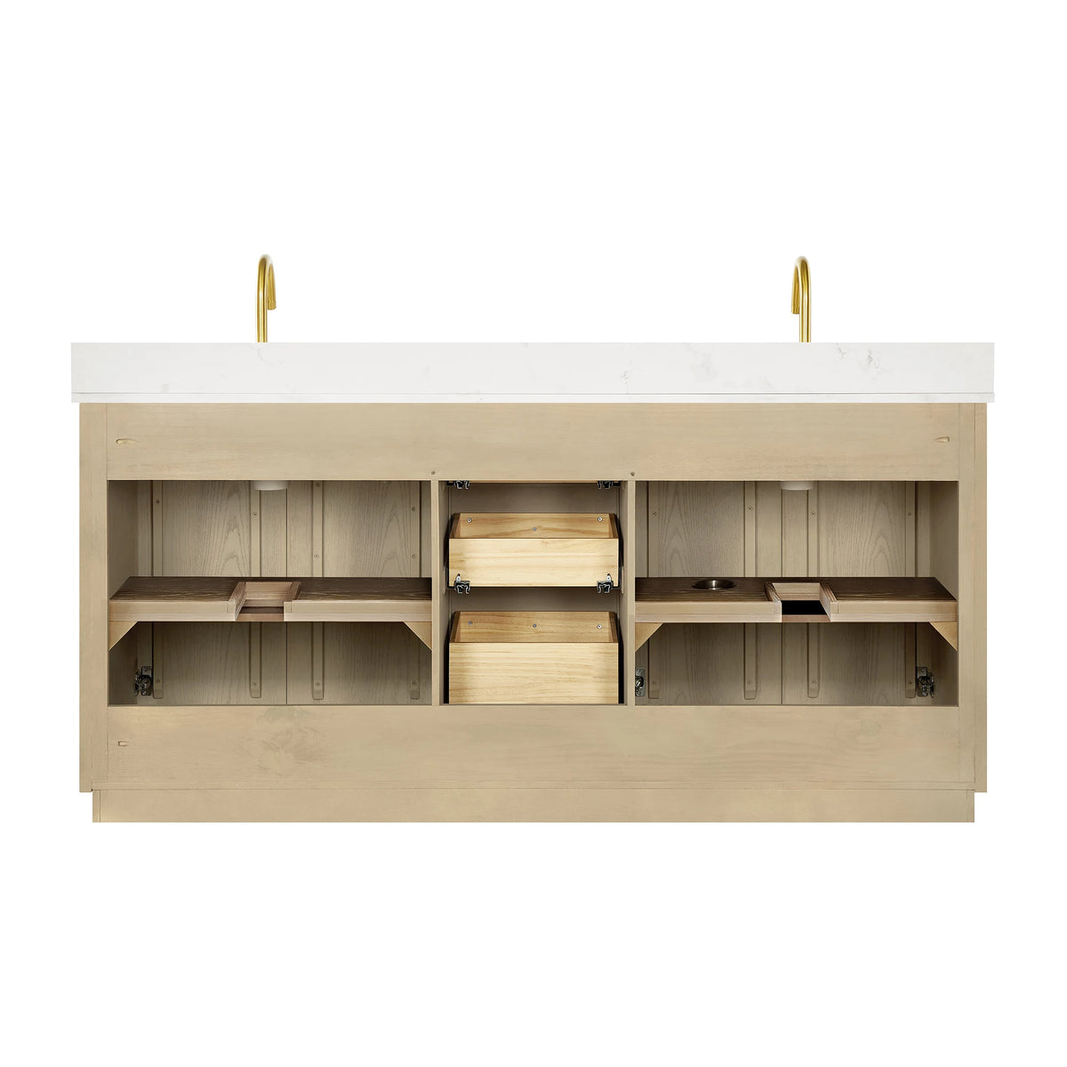 Back and open view of the 72-inch double vanity cabinet with no back panel, on white