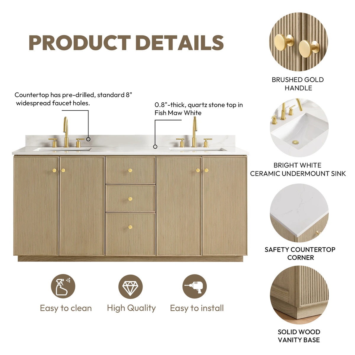 Product details graphic: 8-inch widespread faucet holes, 0.8-inch quartz top, Brushed Gold handle, ceramic undermount sink