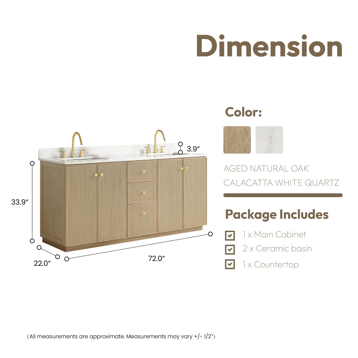 Dimension drawing of the 72-inch double vanity, 72 x 22 x 33.9 inches, with package contents list