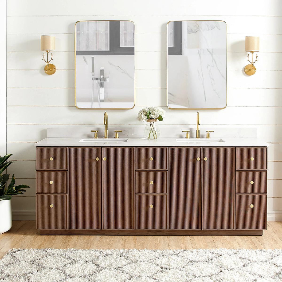 Bathroom photo of the 84-inch double vanity in Aged Dark Brown Oak, Vellora Dovessan collection