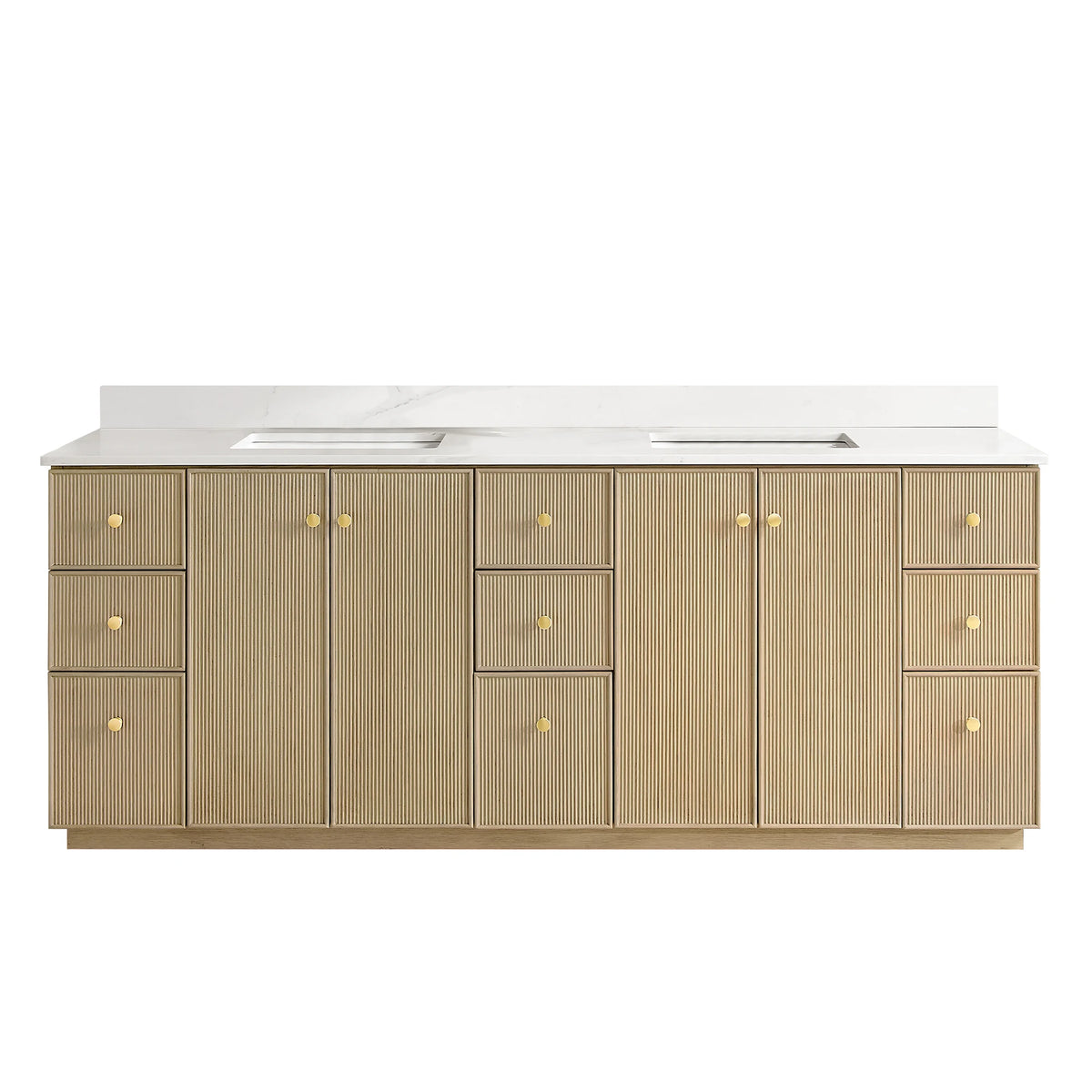 Front view of the 84-inch double vanity in Aged Natural Oak without mirrors, freestanding on white