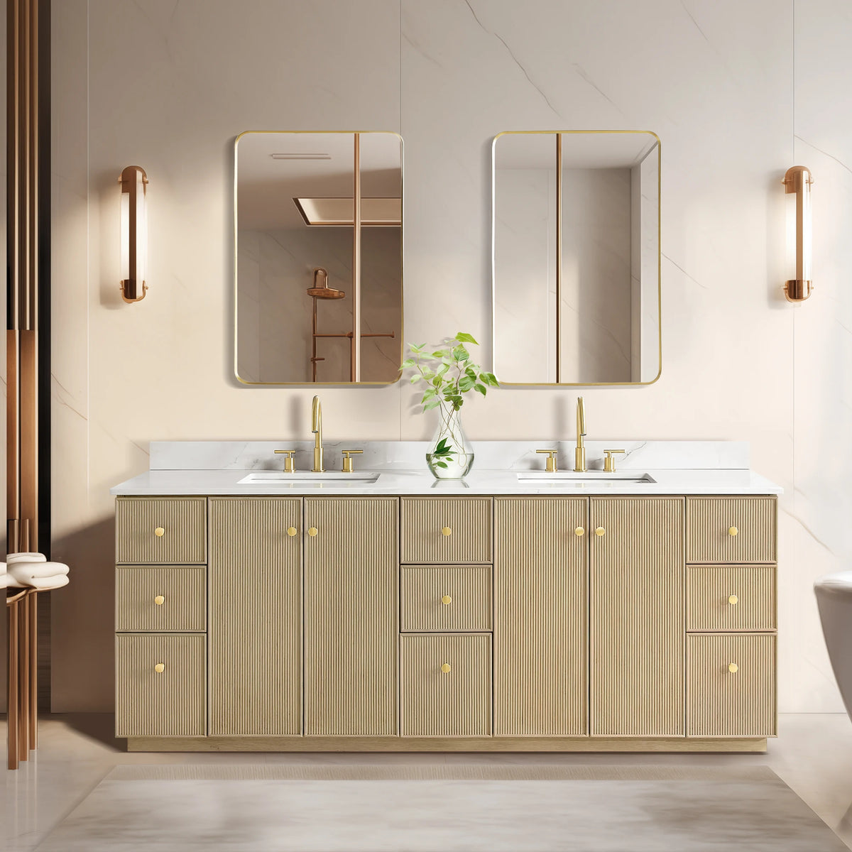 Second bathroom scene featuring the 84-inch double vanity in Aged Natural Oak