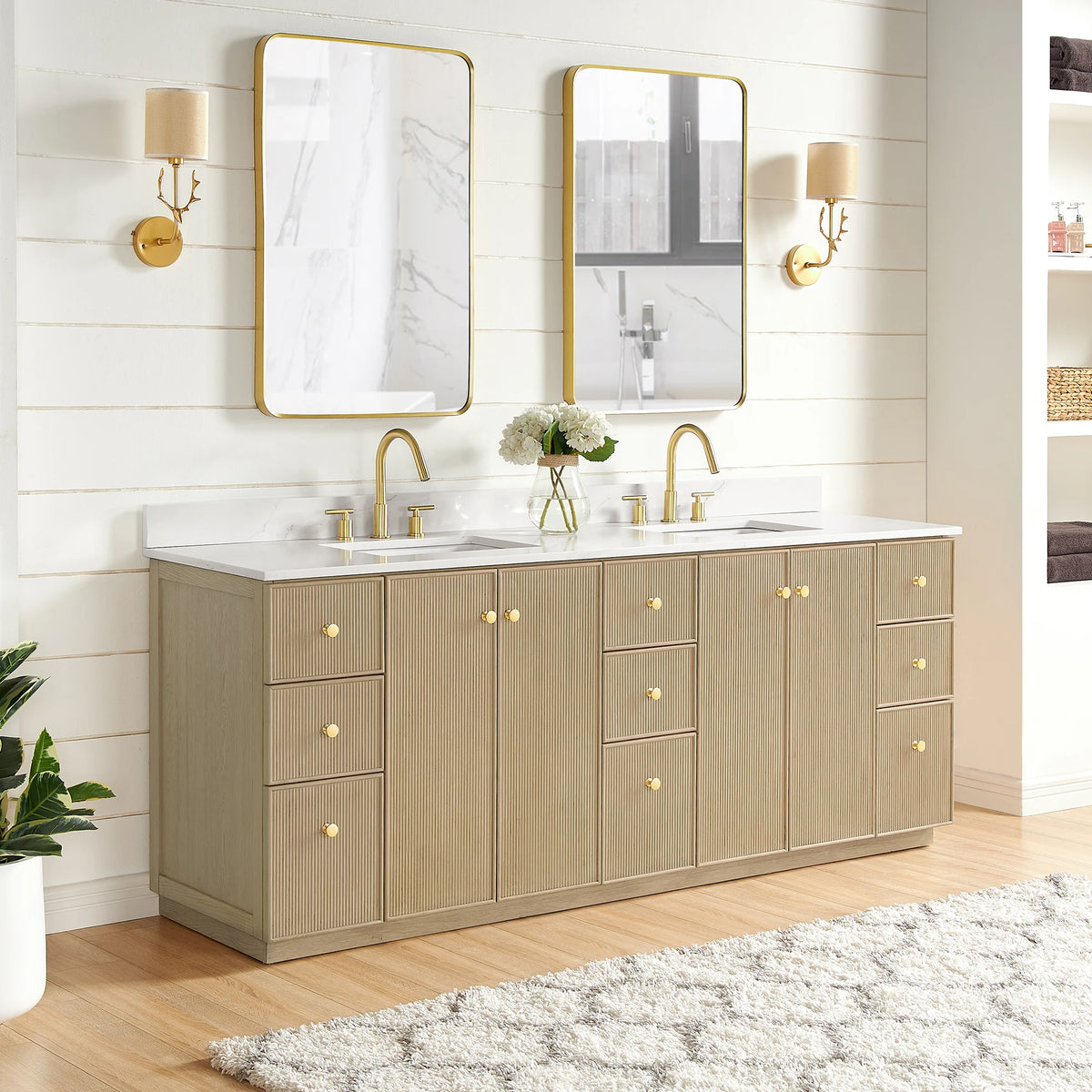 Third bathroom scene featuring the 84-inch double vanity in Aged Natural Oak
