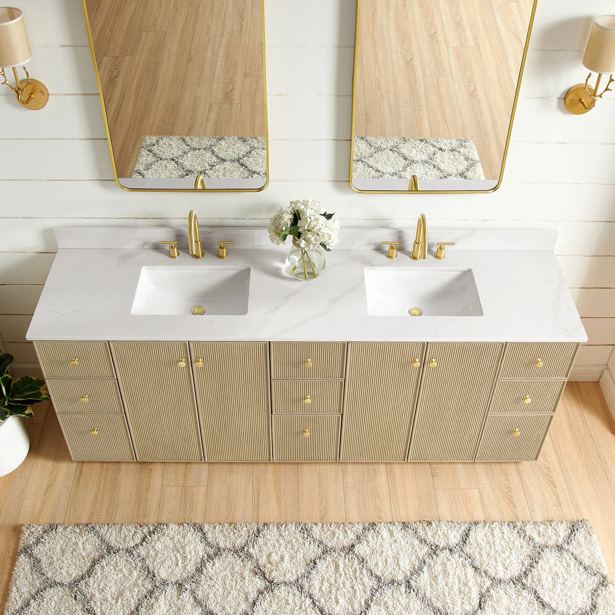 Overhead view of the Calacatta White Quartz top and undermount ceramic sinks on the 84-inch double vanity