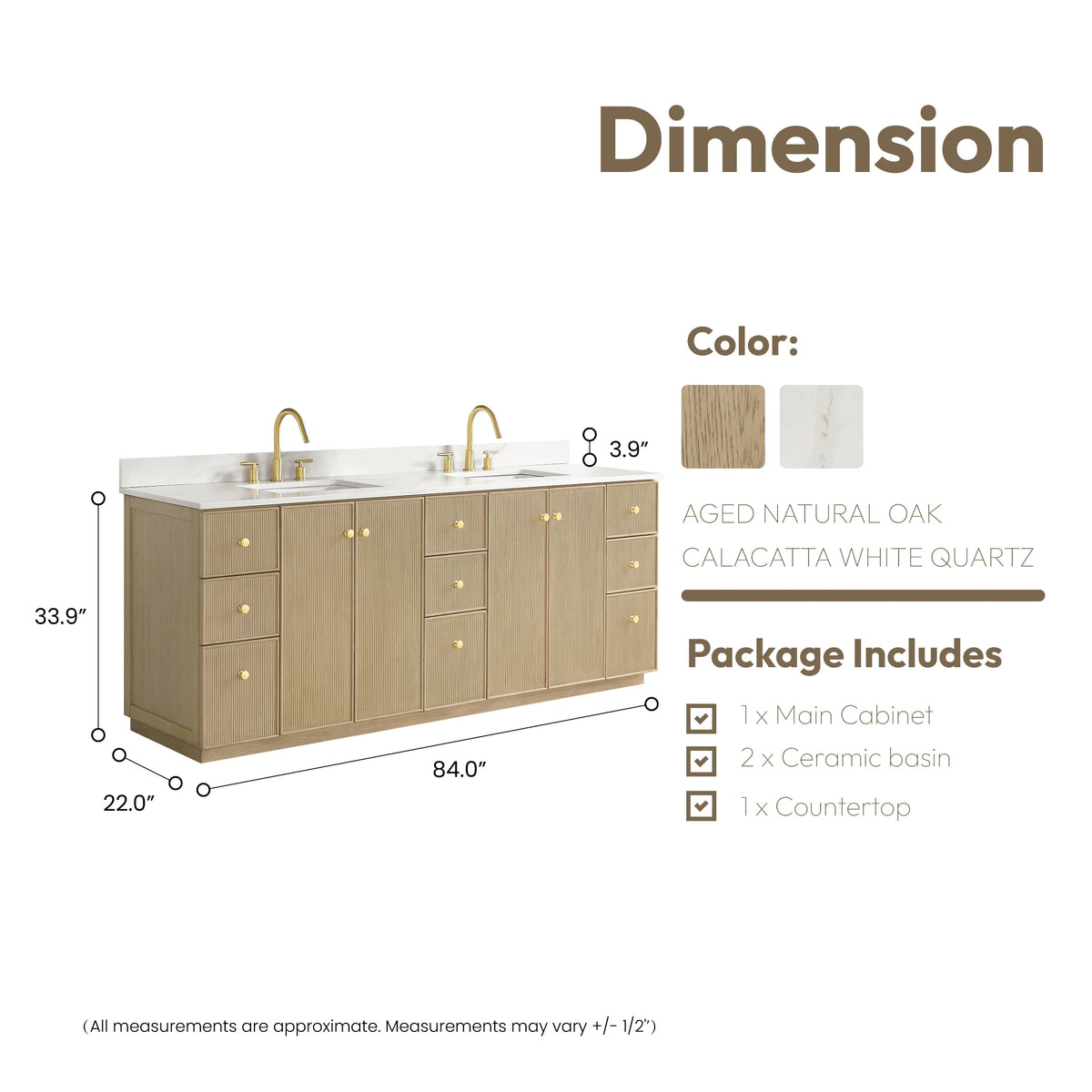 Dimension drawing of the 84-inch double vanity, 84 x 22 x 33.9 inches, with package contents list