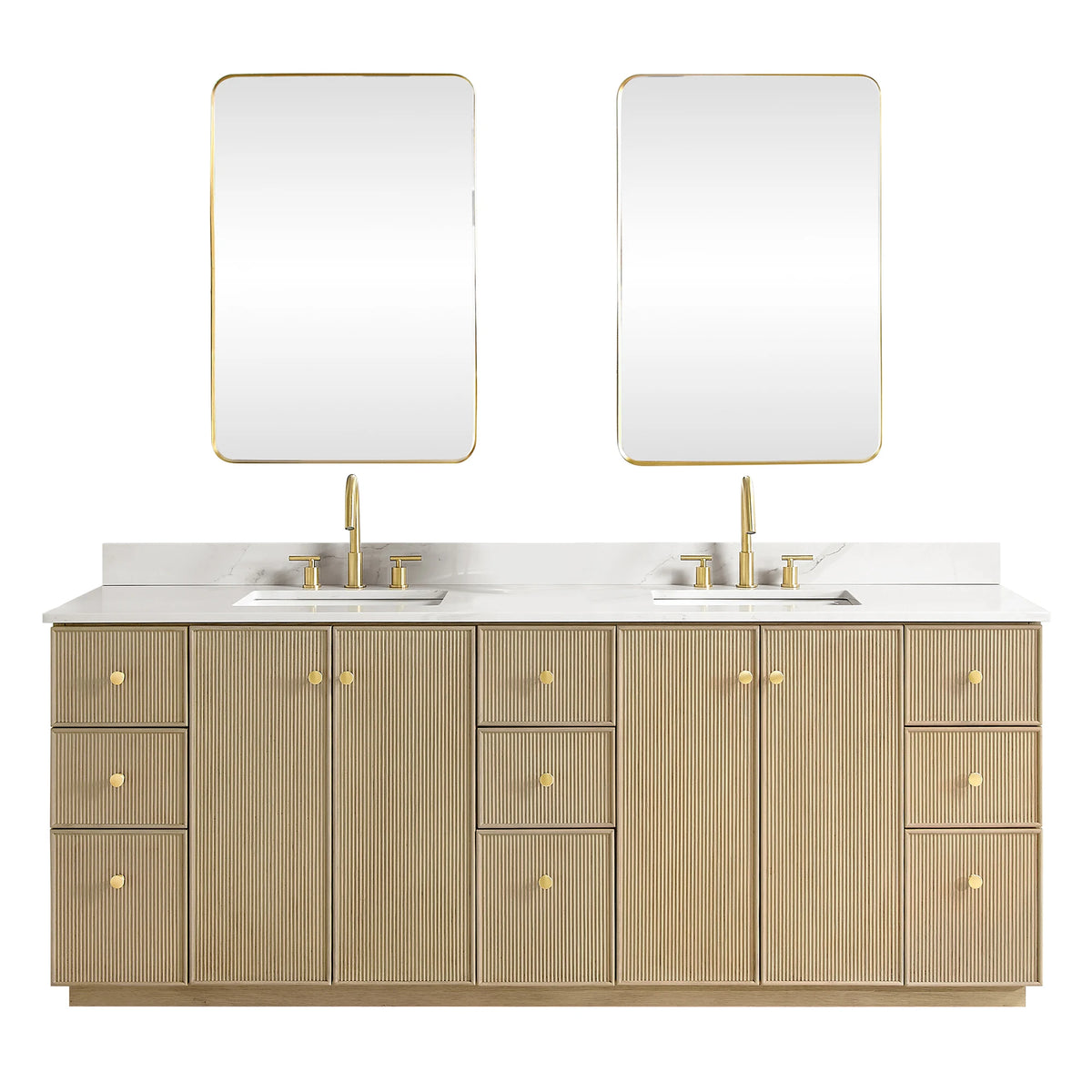 Two matching rectangular mirrors beside the 84-inch Aged Natural Oak double vanity, shown on a white background