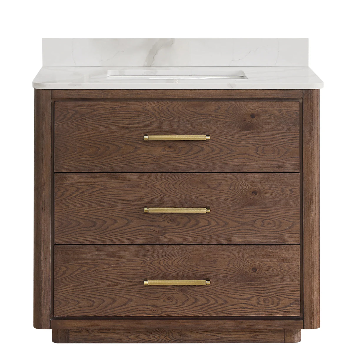 Freestanding single bathroom vanity, 36 inches wide, finished in Aged Dark Brown Oak with three drawers