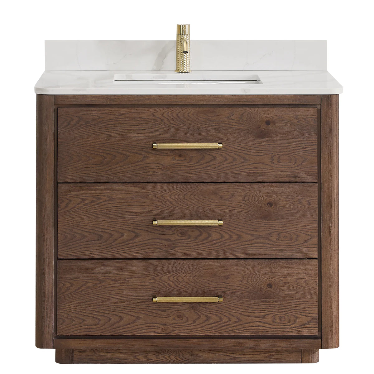 Pictured with a faucet, which is not included: Aged Dark Brown Oak single bath vanity