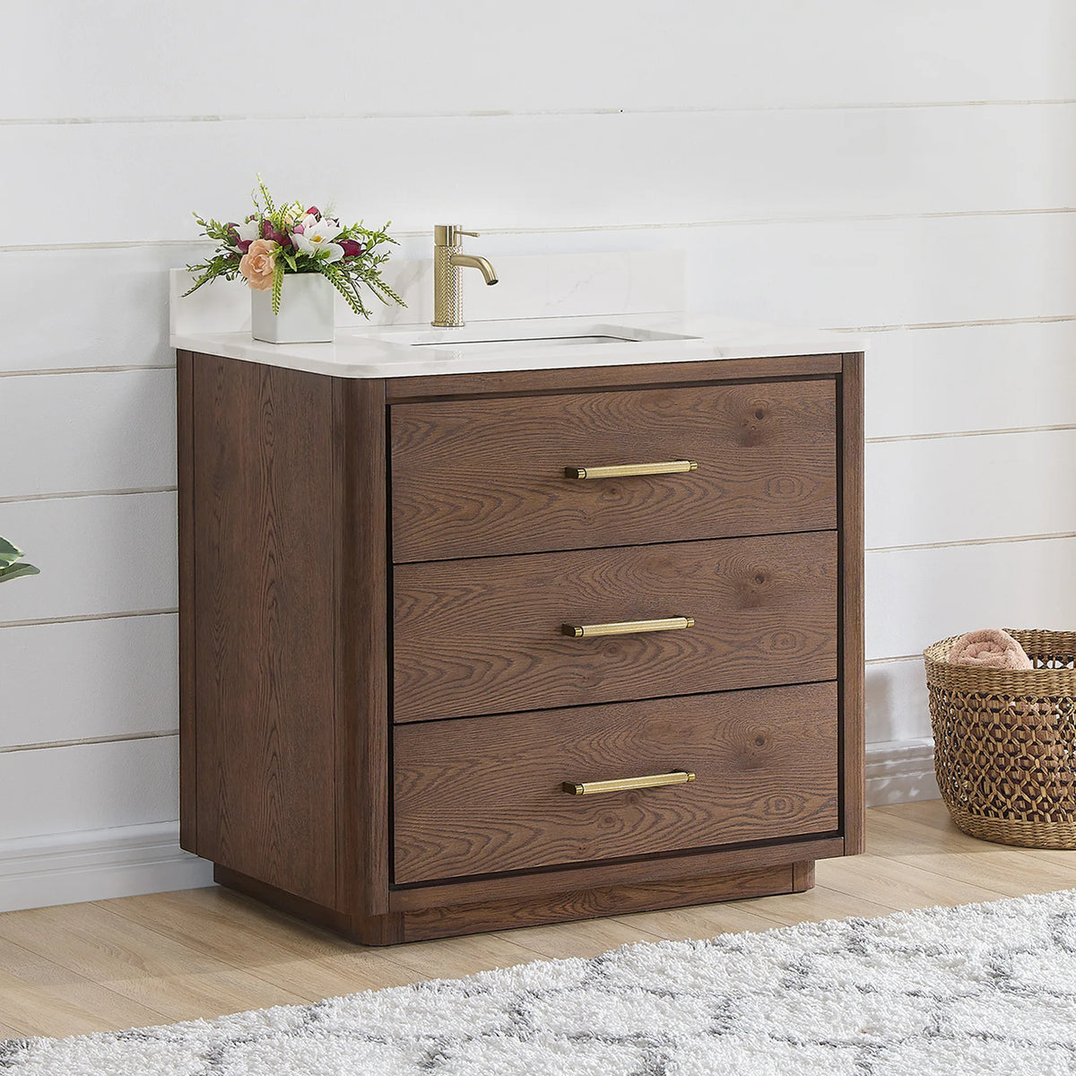 36 inch single vanity in Aged Dark Brown Oak seen from the side in a bright bathroom, white quartz top above