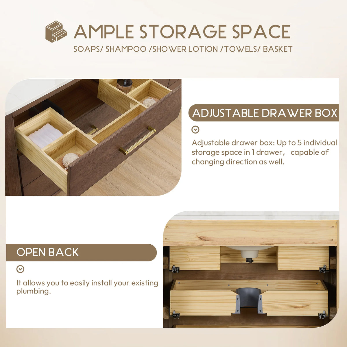 36 inch Aged Dark Brown Oak drawer with an adjustable divider box, shown next to the open back cabinet