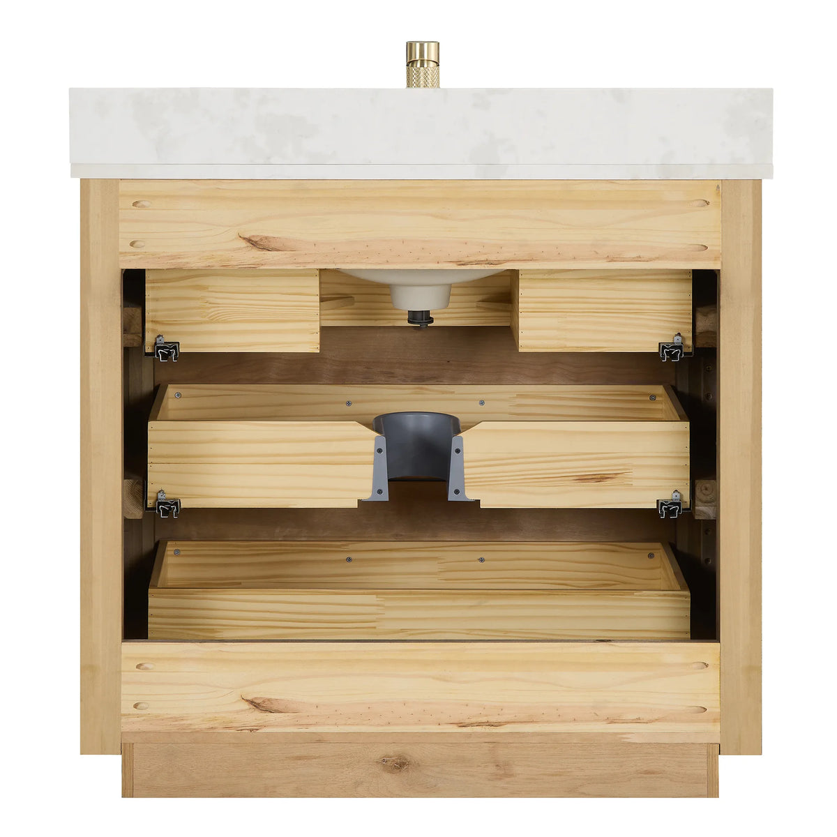 Interior view of the 36 inch vanity cabinet with the back open for plumbing