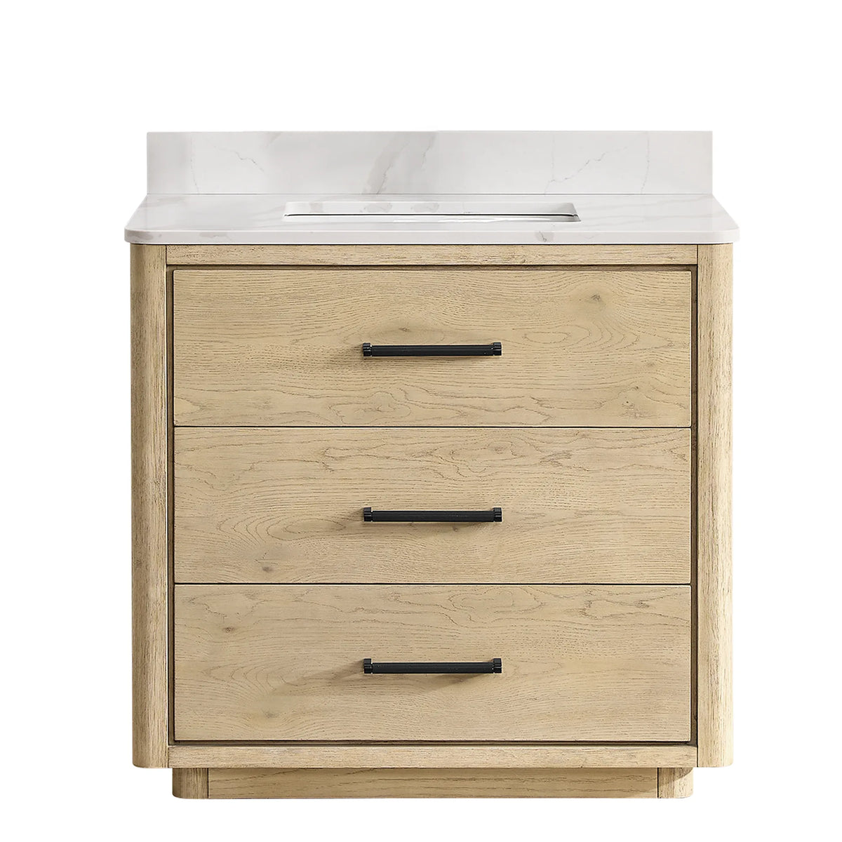 Freestanding single bathroom vanity, 36 inches wide, finished in Aged Natural Oak with three drawers