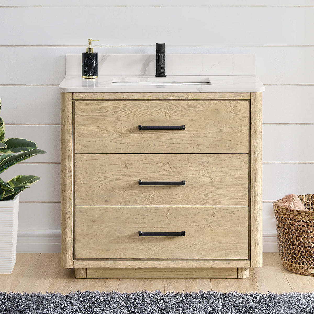 Aged Natural Oak single vanity, 36 inch, staged in a bright bathroom with a shiplap wall and a grey rug