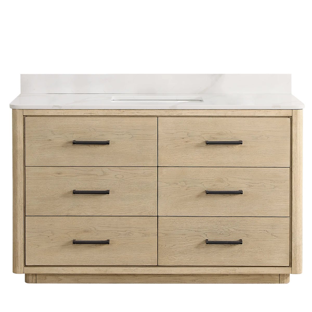 Freestanding single bathroom vanity, 55 inches wide, finished in Aged Natural Oak with six drawers