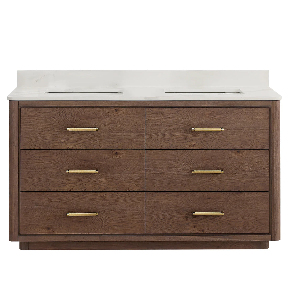 Aged Dark Brown Oak double bathroom vanity, 60 inches wide, with six soft-close drawers and a quartz top