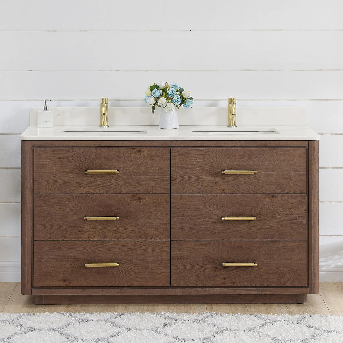 Front view of a 60 inch double vanity in Aged Dark Brown Oak, styled in a shiplap bathroom with brushed gold hardware