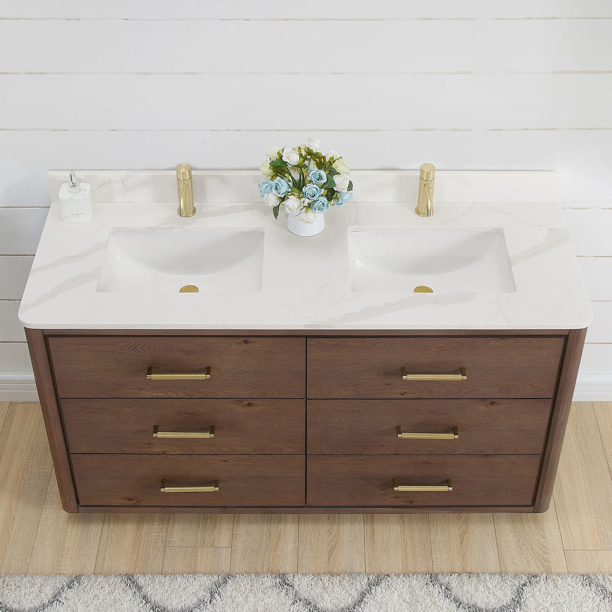 Close-up from above of the 60 inch double vanity: quartz top, undermount ceramic sink, Aged Dark Brown Oak drawers
