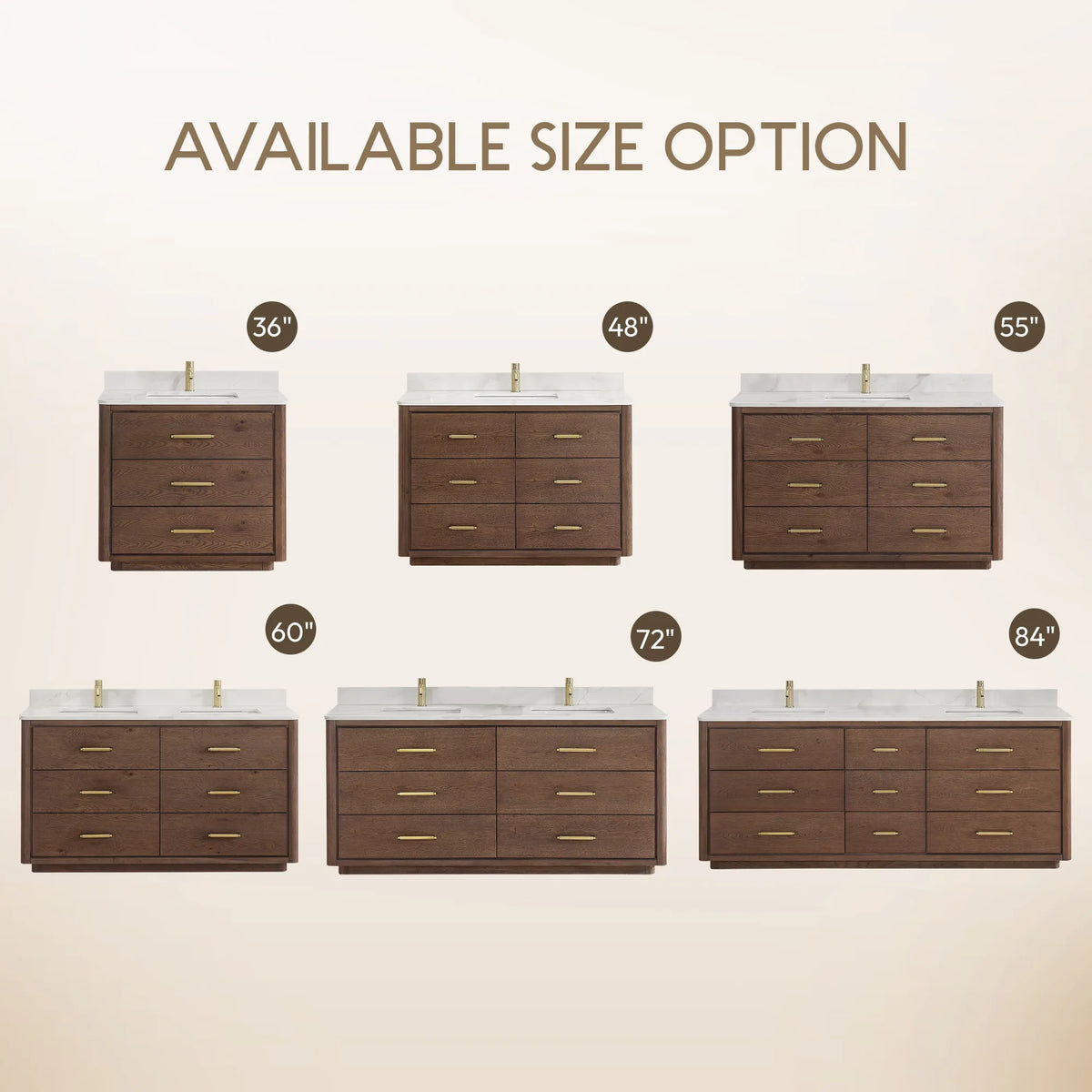 Available sizes graphic: Aged Dark Brown Oak single and double vanities side by side