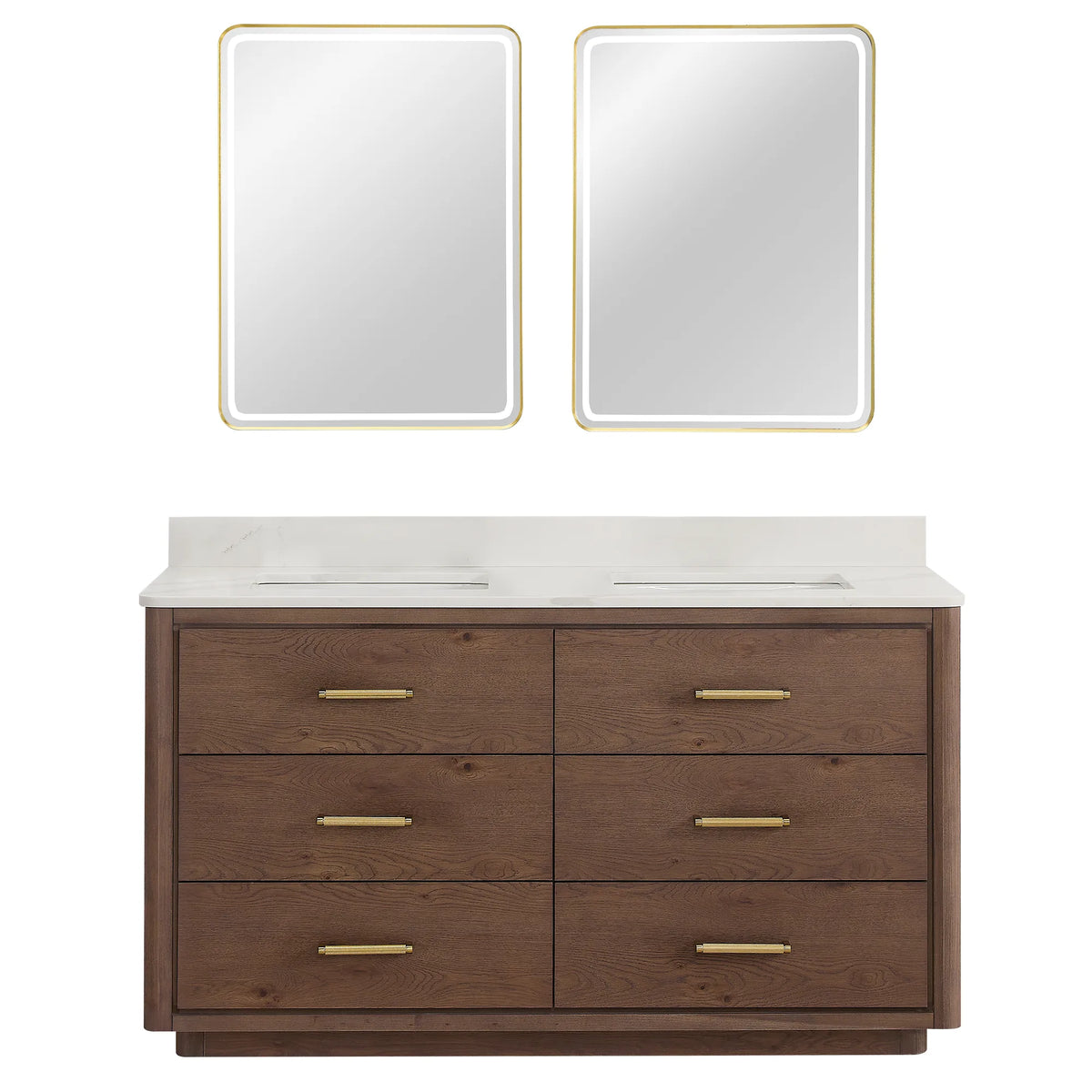 Two LED mirrors above the 60 inch double vanity in Aged Dark Brown Oak, front view on white