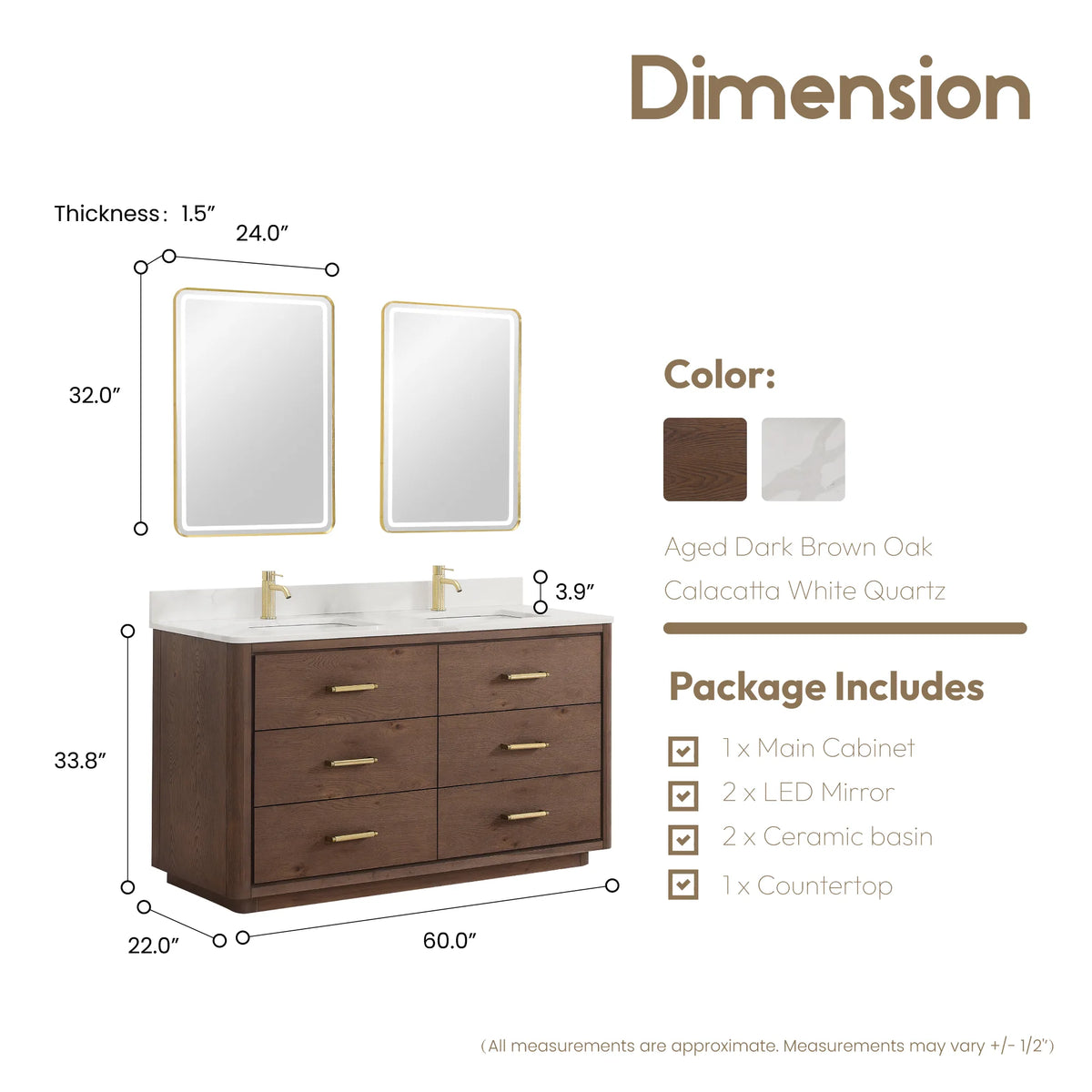 Measured drawing: 60 inch double vanity with two LED mirrors above, 34 inches high