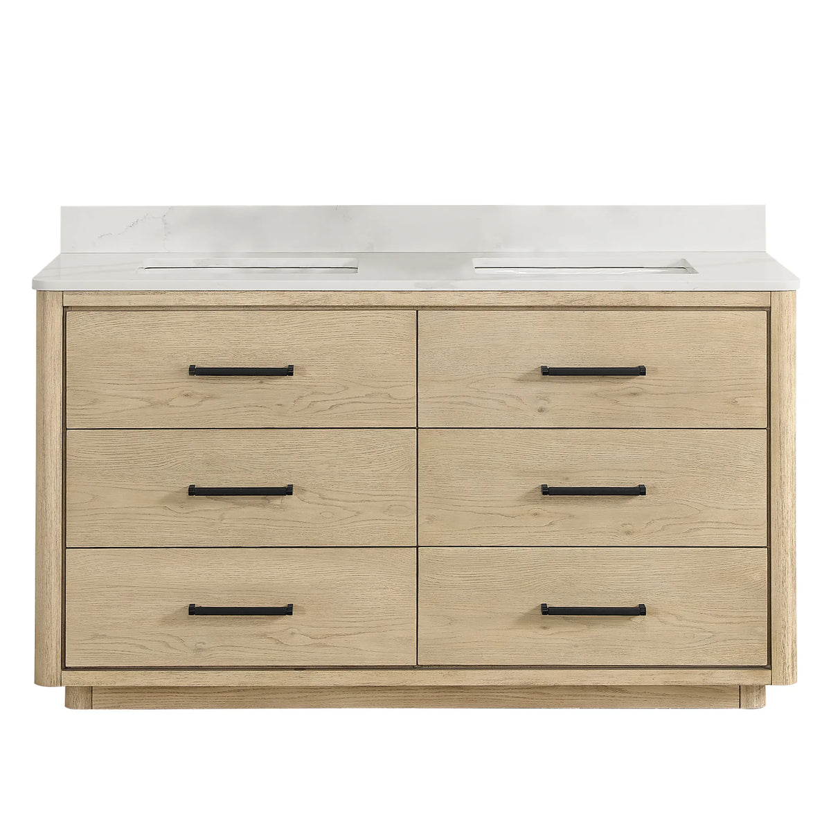 Aged Natural Oak double bathroom vanity, 60 inches wide, with six soft-close drawers and a quartz top