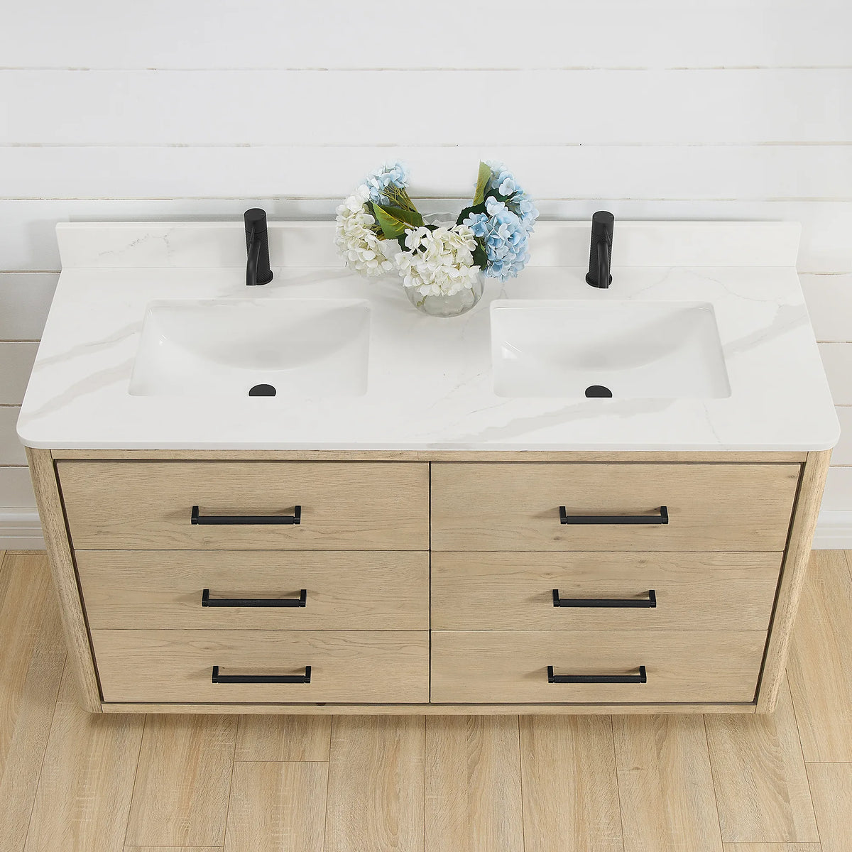 Close-up from above of the 60 inch double vanity: quartz top, undermount ceramic sink, Aged Natural Oak drawers