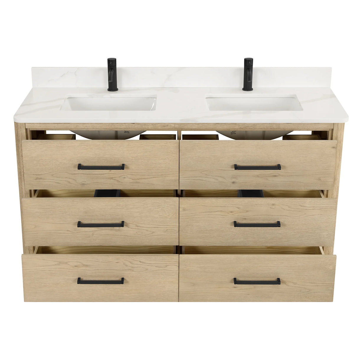 60 inch double vanity in Aged Natural Oak on white with the drawers open