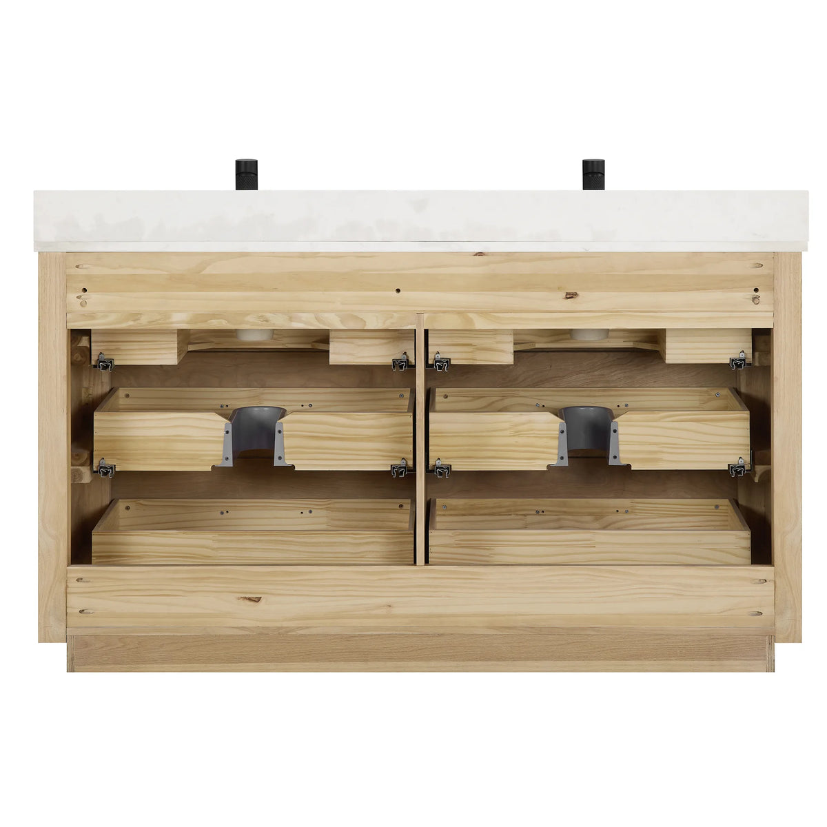 Open back design on the 60 inch Aged Natural Oak double vanity, shown with the drawers taken out