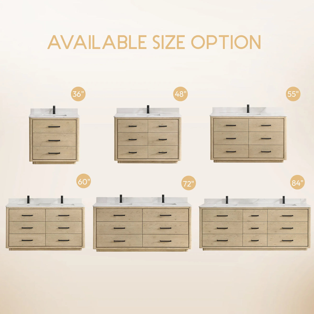 Available sizes graphic: Aged Natural Oak single and double vanities side by side