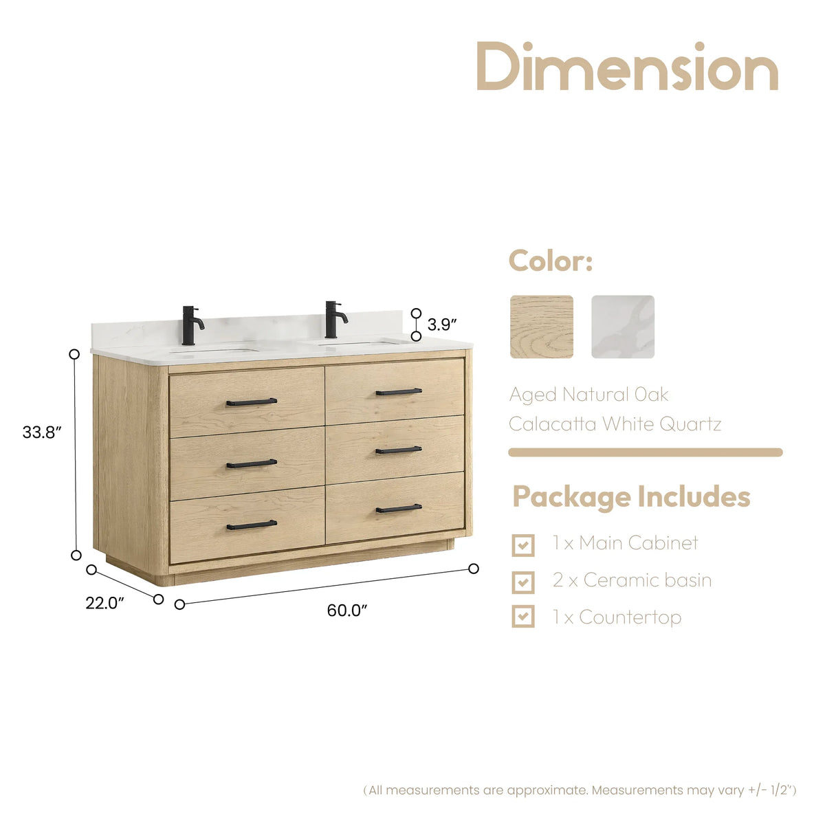 Measurements drawing, 60 x 22 x 34 inches (W x D x H), Aged Natural Oak double vanity