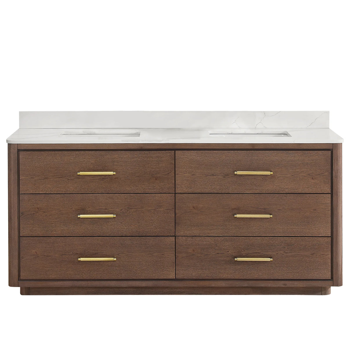 Freestanding double bathroom vanity, 72 inches wide, finished in Aged Dark Brown Oak with six drawers