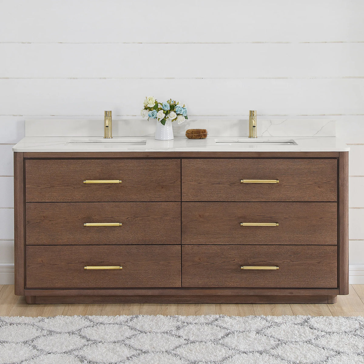 Aged Dark Brown Oak double vanity, 72 inch, staged in a bright bathroom with a shiplap wall and a patterned rug