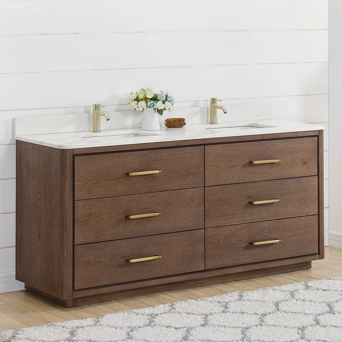 72 inch double vanity in Aged Dark Brown Oak seen from the side in a bright bathroom, white quartz top above