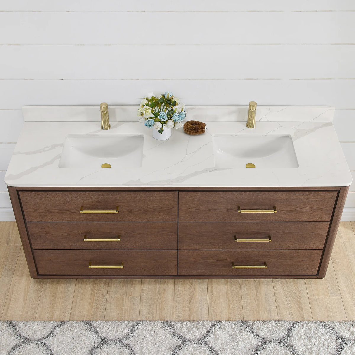 Countertop close-up on a 72 inch Aged Dark Brown Oak double vanity, with the white quartz top and undermount sink