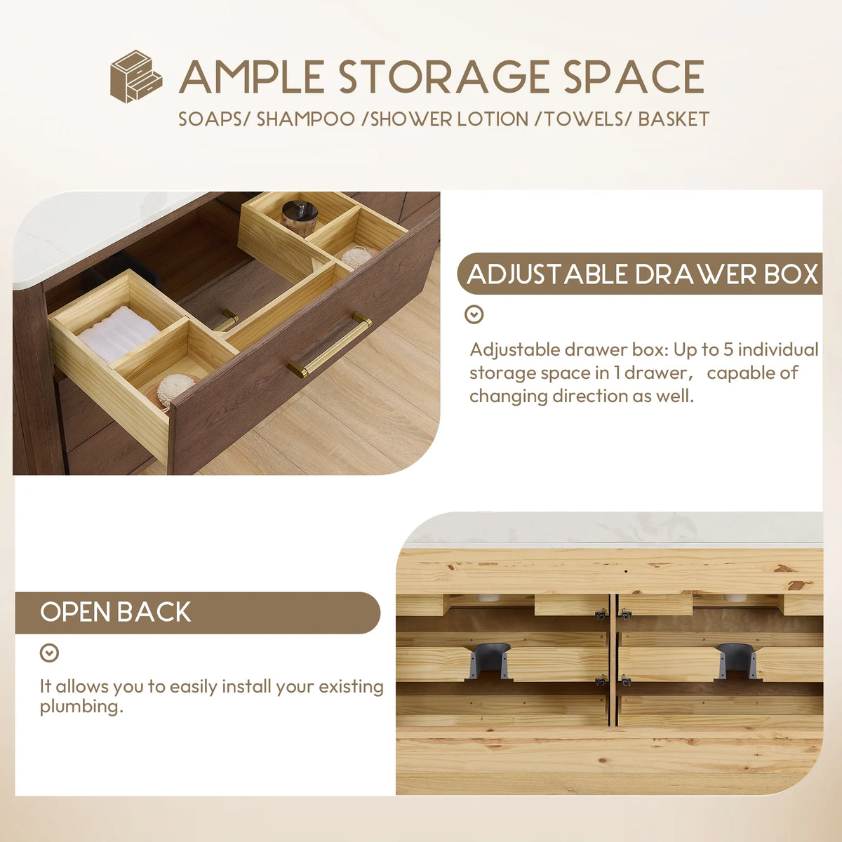72 inch Aged Dark Brown Oak drawer with an adjustable divider box, shown next to the open back cabinet