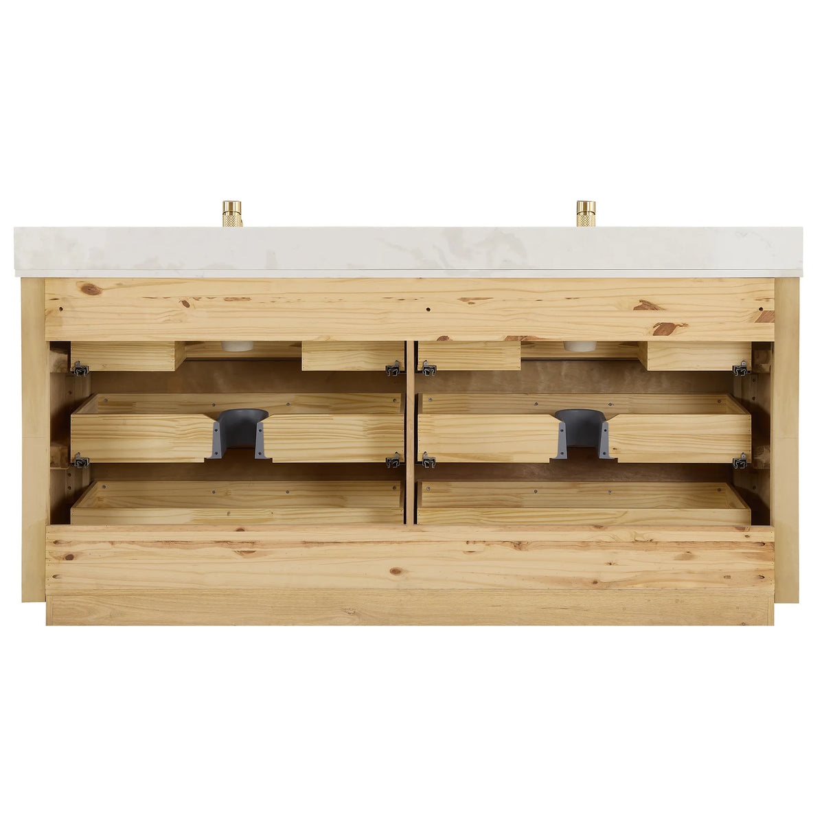 Interior view of the 72 inch vanity cabinet with the back open for plumbing
