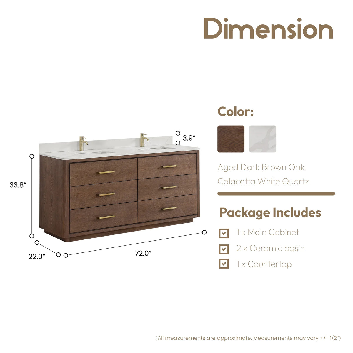 Front and side measurements for the 72 inch double vanity, depth 22 inches, height 34 inches