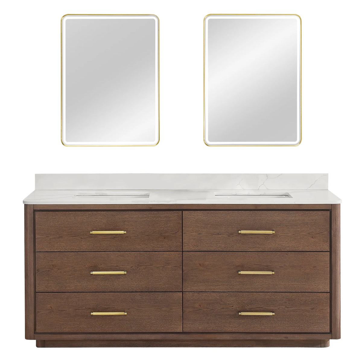 With Mirrors option: Aged Dark Brown Oak double vanity, 72 inches wide, paired with two LED mirrors