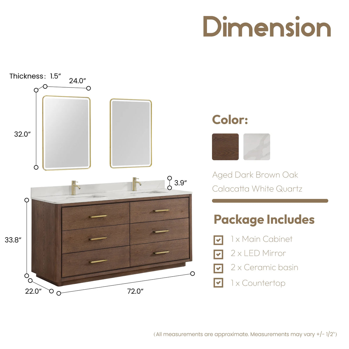 Drawing with sizes for the 72 inch vanity and two LED mirrors, cabinet depth 22 inches