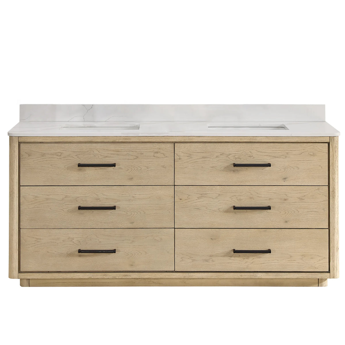 Freestanding double bathroom vanity, 72 inches wide, finished in Aged Natural Oak with six drawers
