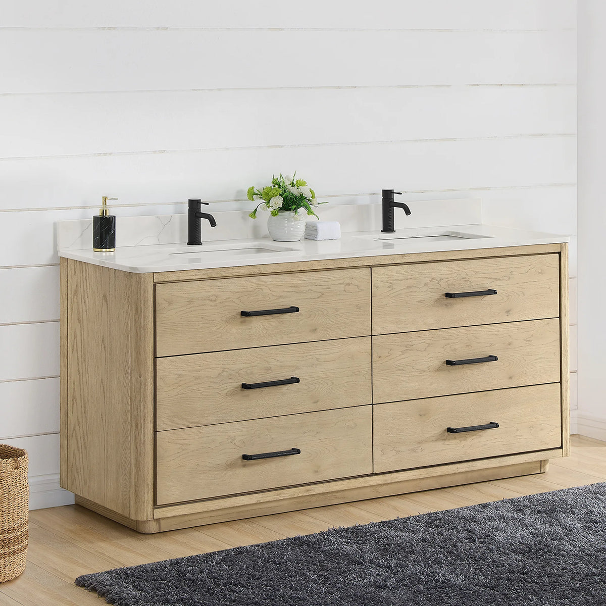 72 inch double vanity in Aged Natural Oak seen from the side in a bright bathroom, white quartz top above