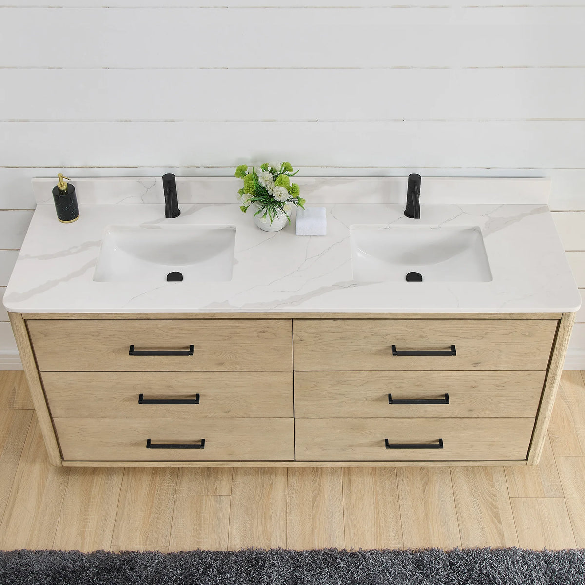 Countertop close-up on a 72 inch Aged Natural Oak double vanity, with the white quartz top and undermount sink