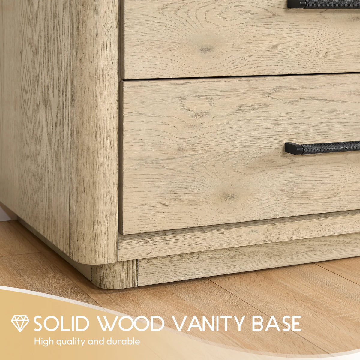 Cabinet corner of the 72 inch Aged Natural Oak vanity showing two drawer fronts and the solid wood base