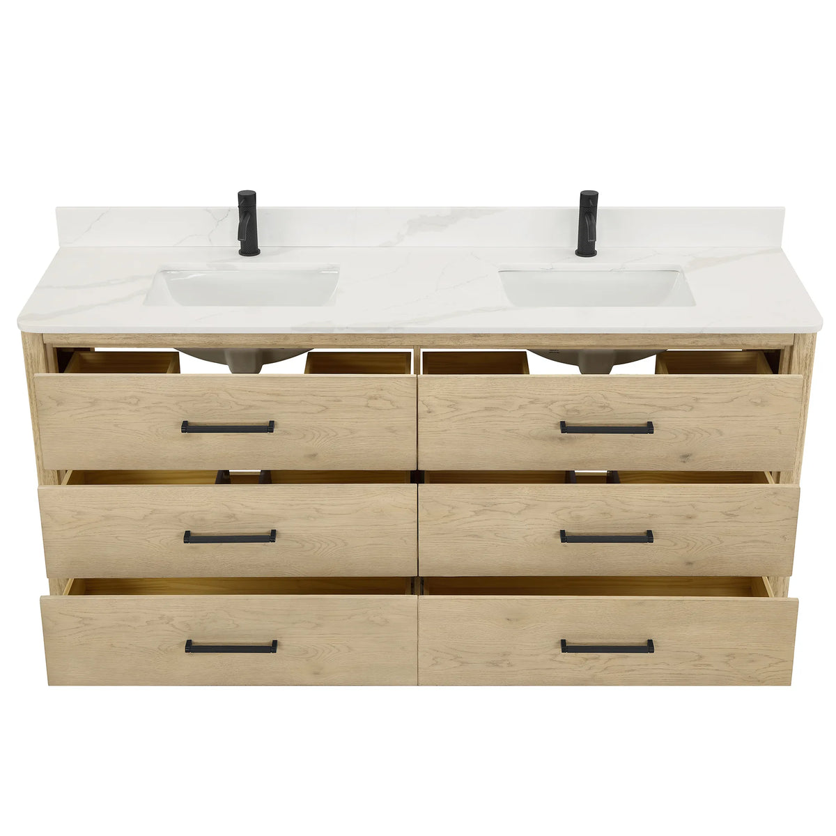 Open drawers on an Aged Natural Oak double bathroom vanity, front view
