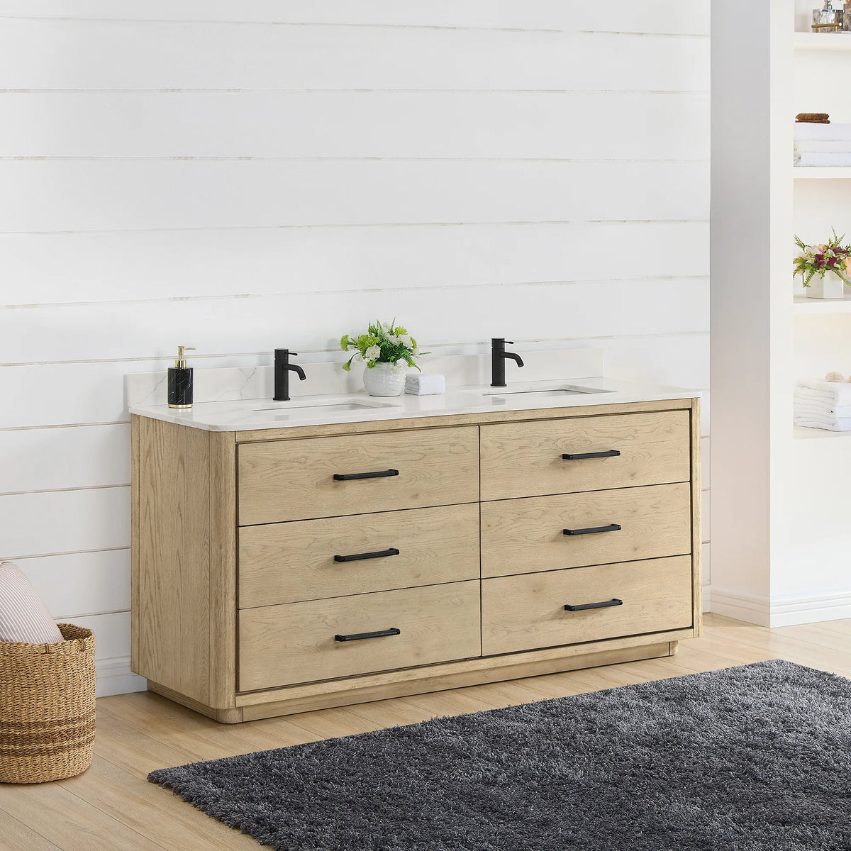Corner-on room view of a 72 inch double vanity in Aged Natural Oak