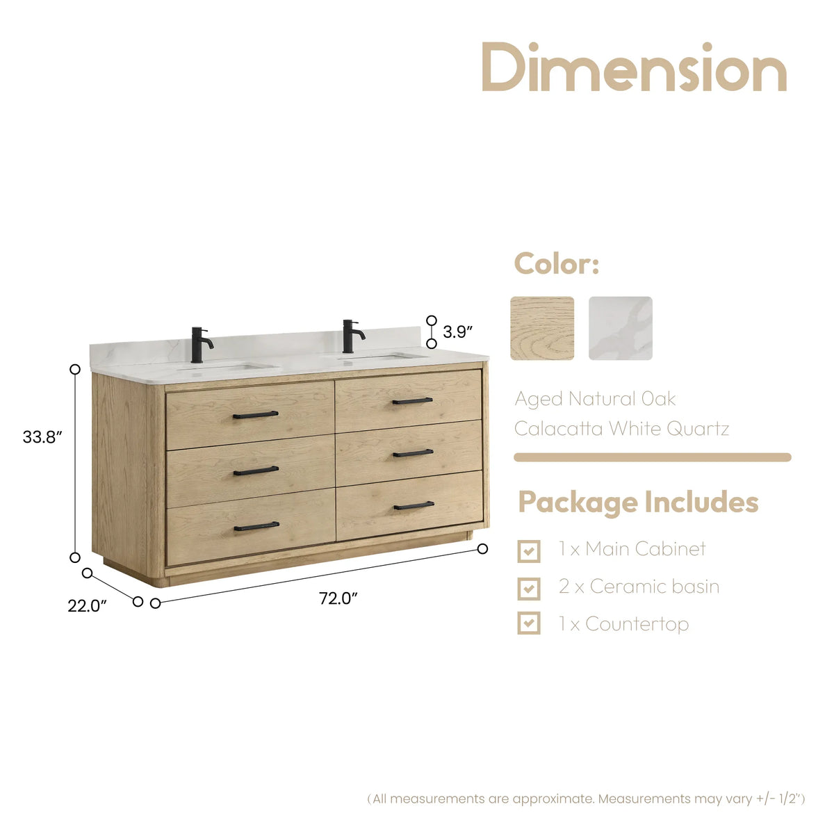 Front and side measurements for the 72 inch Aged Natural Oak double vanity, depth 22 inches, height 34 inches