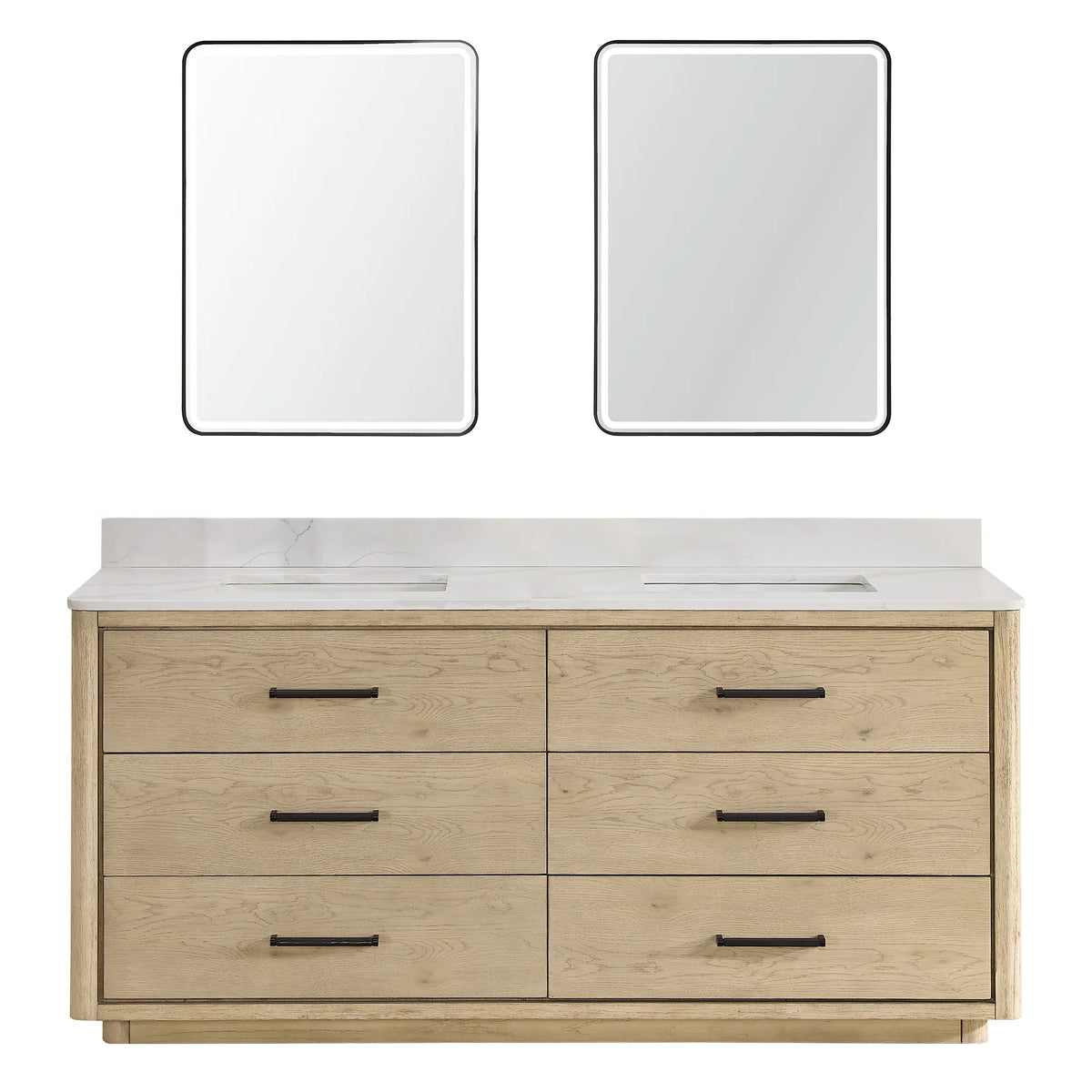 With Mirrors option: Aged Natural Oak double vanity, 72 inches wide, paired with two LED mirrors