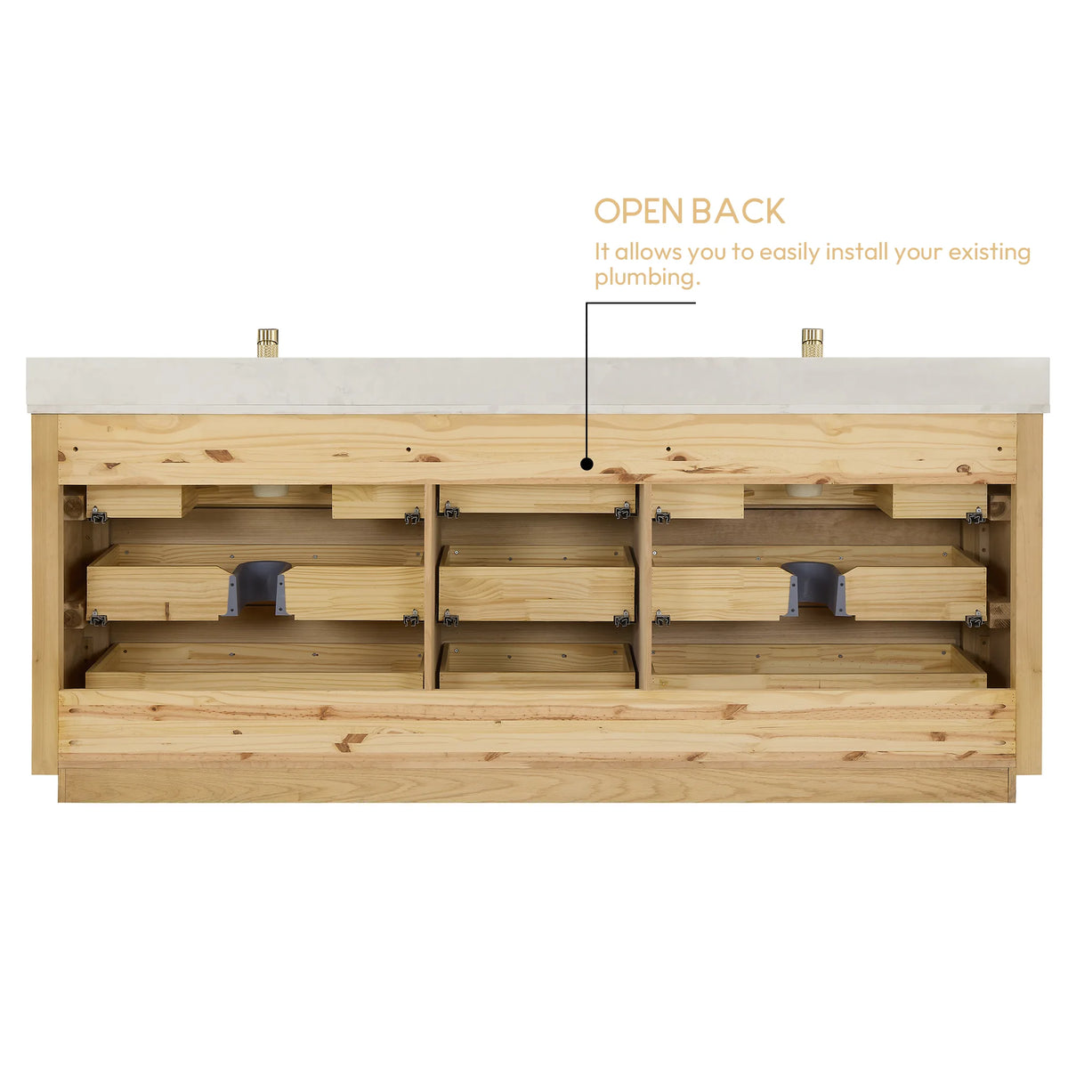 Open back design on the 84 inch double vanity, shown with the drawers taken out